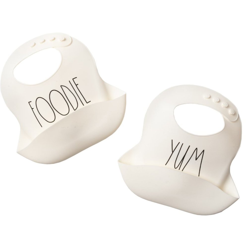 RAE DUNN Set of 2 Silicone Baby Bibs - FOODIE and YUM Graphics - New